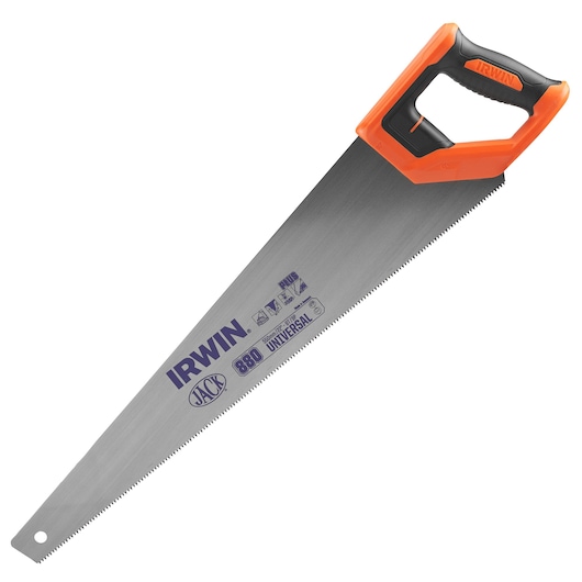 IRWIN hand saw IWHT20385-3 with orange and black ergonomic handle, steel blade with printed branding, angled view.