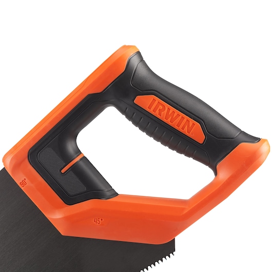 IRWIN hand saw IWHT20385-3 with ergonomic black and orange handle, photography on white background, side angle.