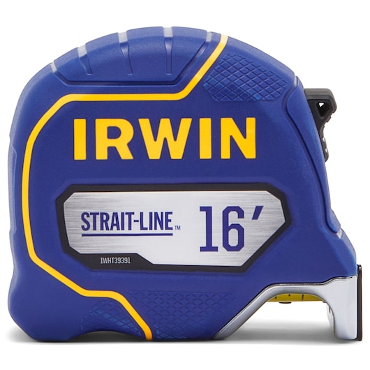 IRWIN tape measure, blue and yellow, STRAIT-LINE 16' model, photography, SKU IWHT39391S, front angle.