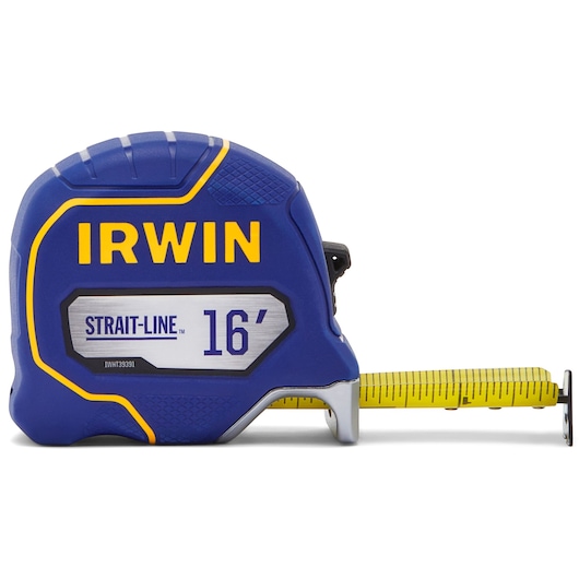 Photo of IRWIN IWHT39391S 16-foot tape measure, blue and yellow casing, straight-line design, product on white background.