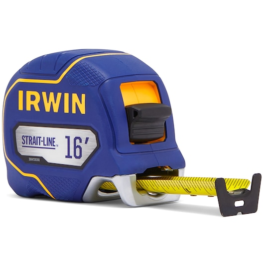 Photo of IRWIN IWHT39391S blue and yellow 16-foot tape measure, side view with tape extended.