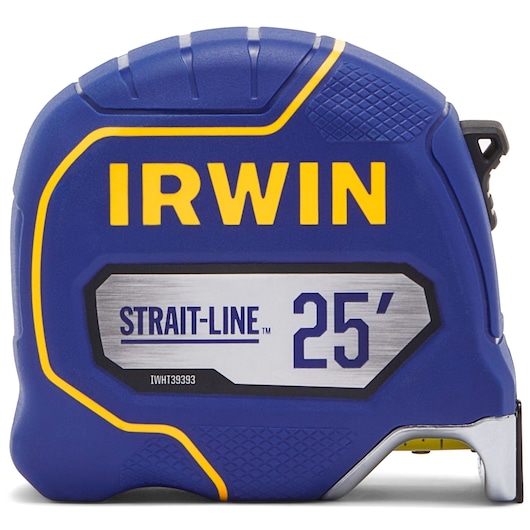 IRWIN Strait-Line 25-foot tape measure IWHT39393S, blue and yellow, front angle, white background.