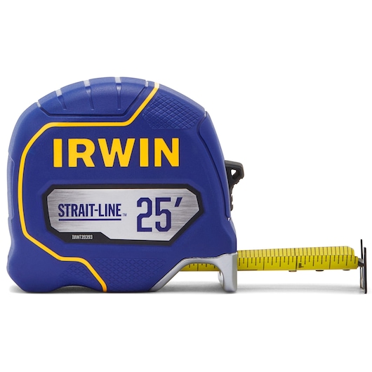 Photo of IRWIN 25-foot Strait-Line tape measure IWHT39393S, blue and yellow casing, side angle on white background.