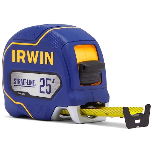 IRWIN IWHT39393S tape measure, blue and yellow, 25-foot length, STRAIT-LINE branding, angled product photo.