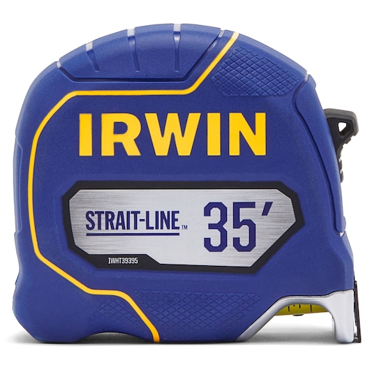 Photo of IRWIN tape measure, blue and yellow with STRAIT-LINE 35' marking, SKU IWHT39395S, front angle.