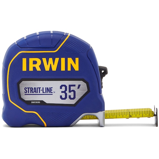 Photo of IRWIN IWHT39395S tape measure, STRAIT-LINE 35', blue with yellow accents, side angle on white background.