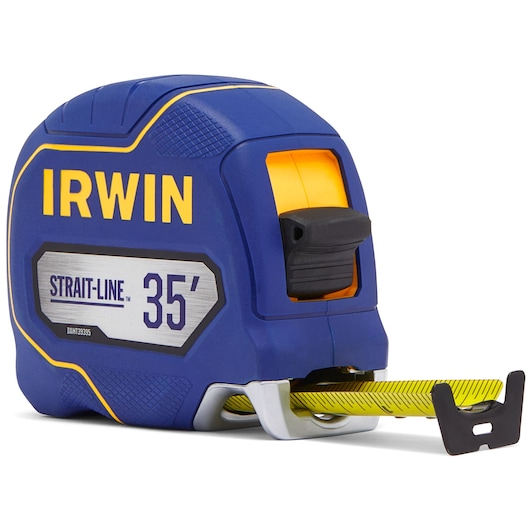 IRWIN Strait-Line 35' tape measure IWHT39395S, blue and yellow, front angle on white background.