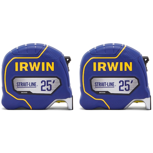 Photo of two IRWIN 25-foot STRAIT-LINE tape measures, SKU IWHT39396S, side by side, front angle on white background.