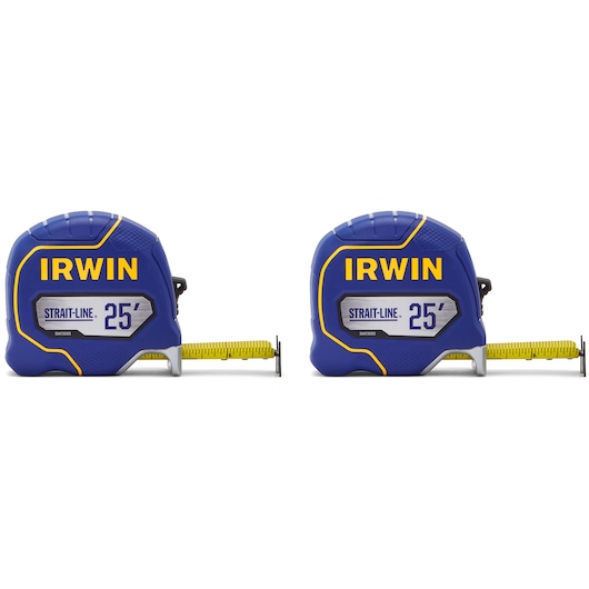 IRWIN 25-foot tape measures, SKU IWHT39396S, blue and yellow, side view on white background, measuring tapes extended.