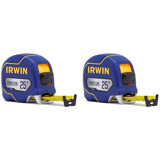 Photo of two IRWIN 25-foot tape measures with blue and yellow casing, both extended, SKU IWHT39396S, front angle.