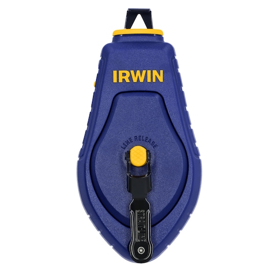 IRWIN blue and yellow chalk reel, front angle, durable plastic case, model IWHT48440.