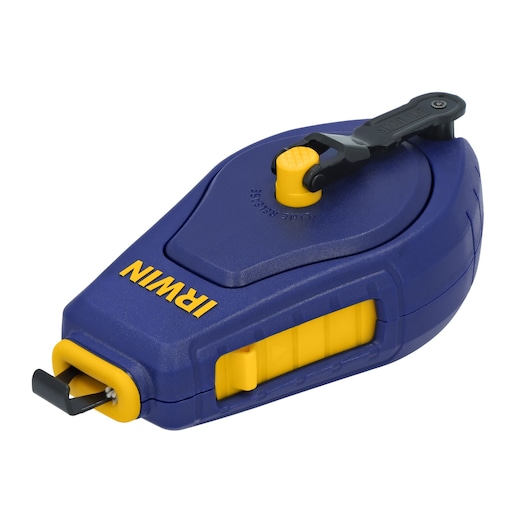 IRWIN IWHT48440 chalk line reel, blue and yellow plastic body, angled side view on white background.