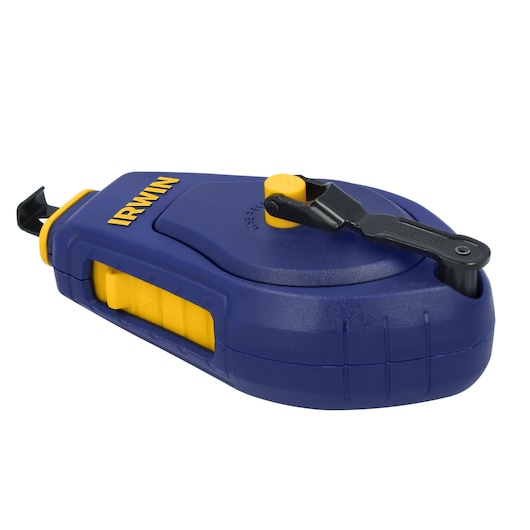 IRWIN IWHT48440 blue and yellow chalk line reel, side angle on white background.