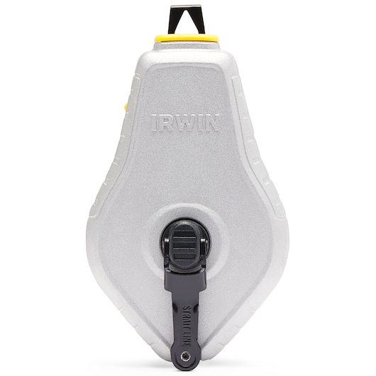 Photo of IRWIN IWHT48441RC silver chalk line reel, front view, with black winding handle and yellow top hook.