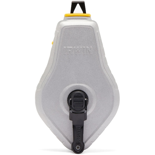 IRWIN IWHT48441 silver chalk reel, front angle, with black handle and yellow accents on a white background.