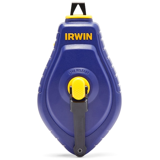 IRWIN IWHT48442RC blue and yellow chalk line reel, front view on white background.