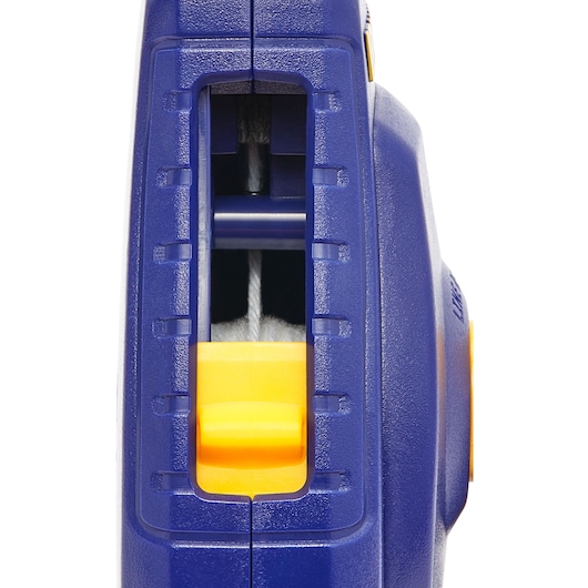 Photo of IRWIN blue and yellow chalk line reel front view, SKU IWHT48442, with visible string through clear window.