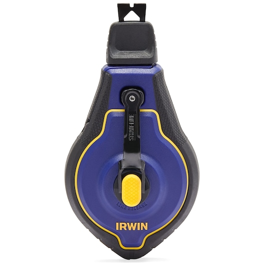 IRWIN chalk line reel IWHT48443BC, blue and yellow, front angle, durable plastic housing.