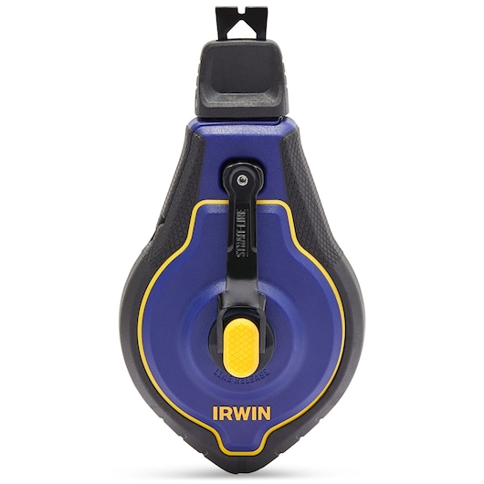 Photo of IRWIN chalk line reel IWHT48443RC, blue and yellow casing, straight-on angle on white background.