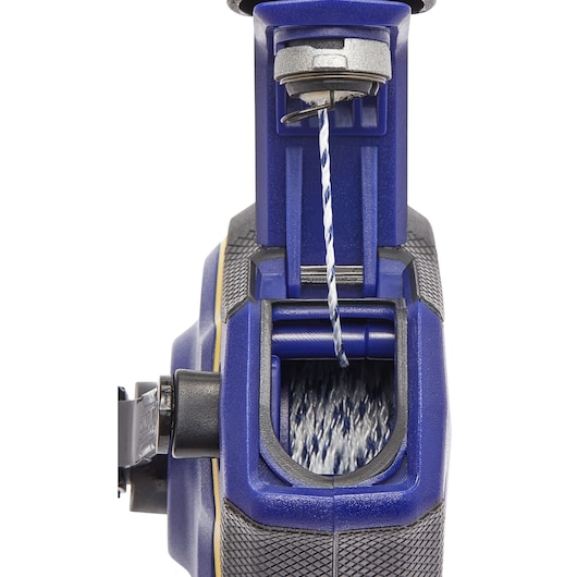 IRWIN chalk line reel IWHT48443, blue and black, front view with chalk line extended.