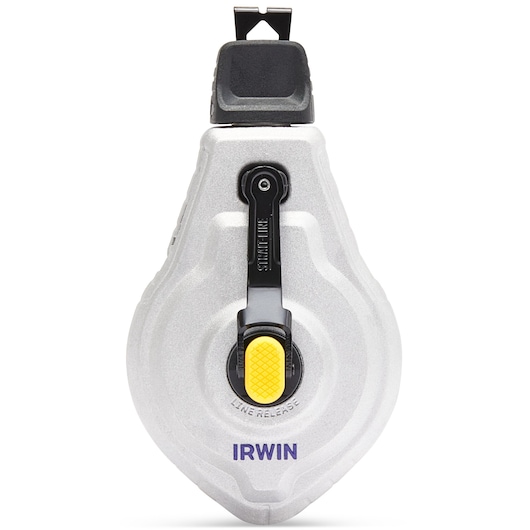 Photo of IRWIN chalk reel IWHT48445BC, silver with black and yellow accents, front view on white background.