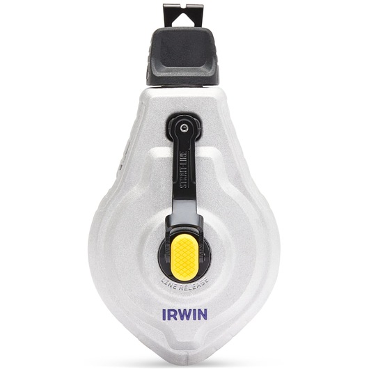 IRWIN chalk line reel IWHT48445RC, silver and black with yellow button, front angle on white background.