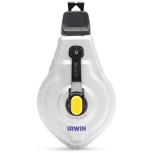IRWIN chalk line reel IWHT48445, silver casing, yellow button, front angle photography.