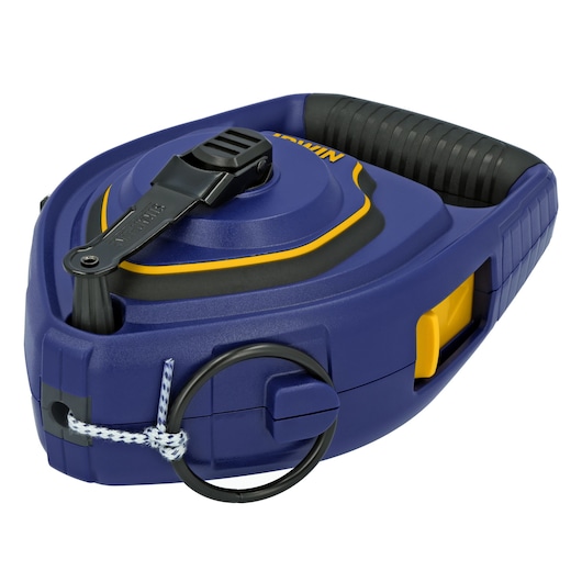 IRWIN chalk line reel IWHT48446, blue and yellow casing with black handle, front angle photo.