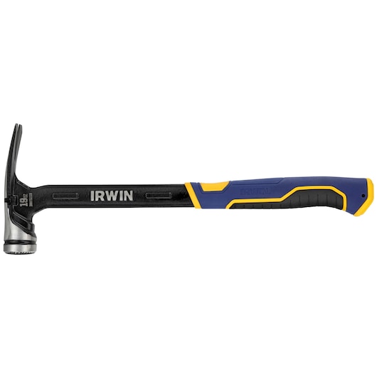 IRWIN IWHT51019 claw hammer with blue and yellow grip, side angle on white background.
