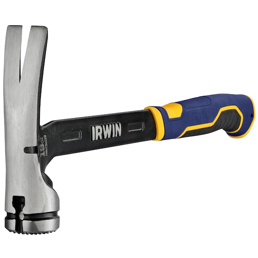Photo of IRWIN claw hammer IWHT51019 with blue and yellow ergonomic handle, side angle on white background.