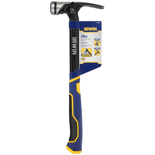 IRWIN IWHT51019 claw hammer, blue and yellow handle, front angle on white background.