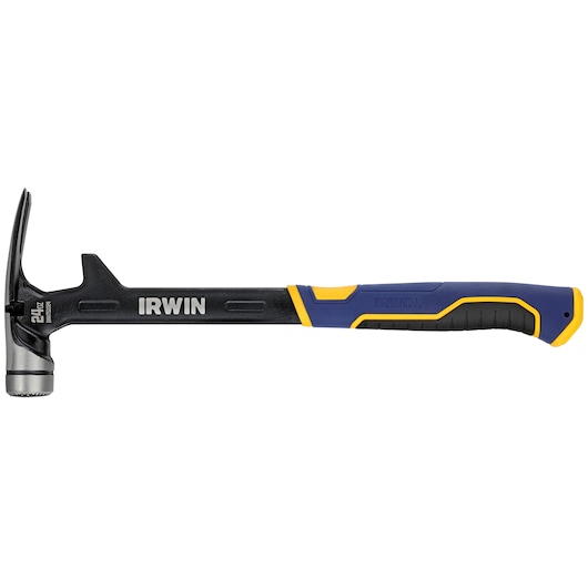 Photo of IRWIN claw hammer IWHT51024 with blue, yellow, and black handle, side view on white background.