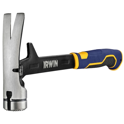 Photo of IRWIN hammer IWHT51024 with blue and yellow ergonomic handle, claw head, and textured grip, side angle.