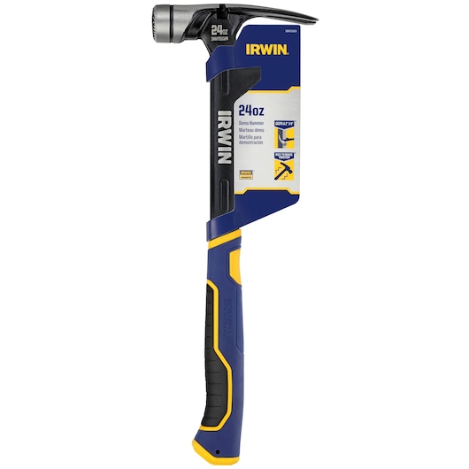 Photo of IRWIN demo hammer 24oz IWHT51024, blue and yellow handle, front view on white background.