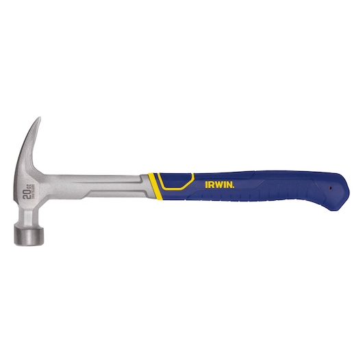 Photo of IRWIN claw hammer IWHT51220, blue and yellow handle, side view on white background.