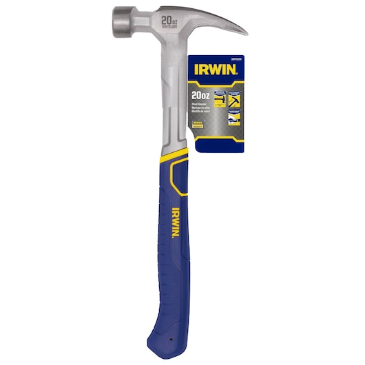 IRWIN claw hammer IWHT51220 side view with blue and yellow grip and 20oz steel head on white background.