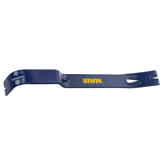 IRWIN IWHT55150 blue steel flat pry bar, side angle, yellow logo, white background.