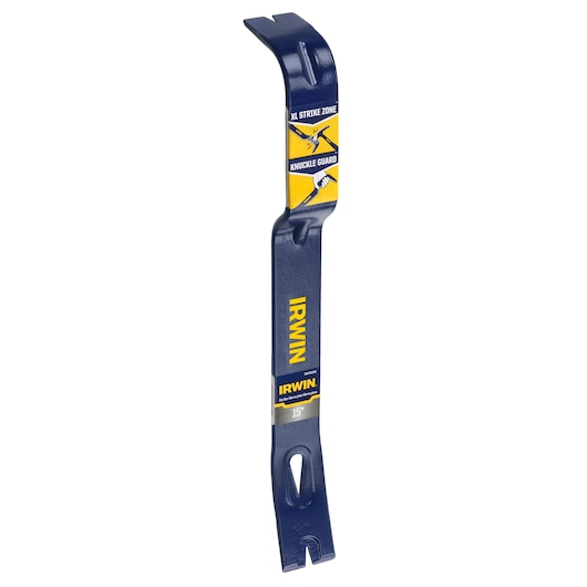IRWIN blue demolition bar with XL strike zone and knuckle guard features, SKU IWHT55150, side angle.