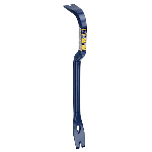Photo of IRWIN IWHT55180 pry bar, blue steel, with angled ends, upright angle, white background.