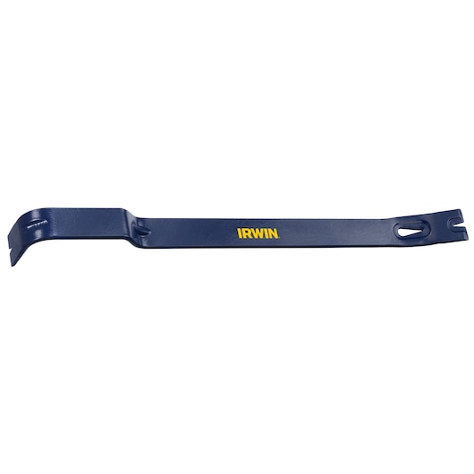 IRWIN IWHT55210 blue steel pry bar with curved and straight claw ends, top view on white background.