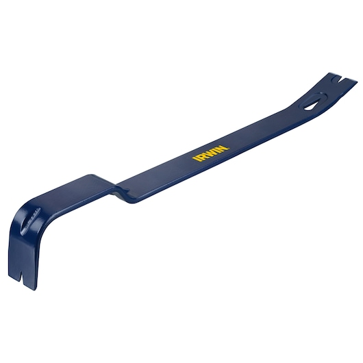 Photo of IRWIN IWHT55210 blue flat pry bar tool with yellow logo, shown at an angle on white background.