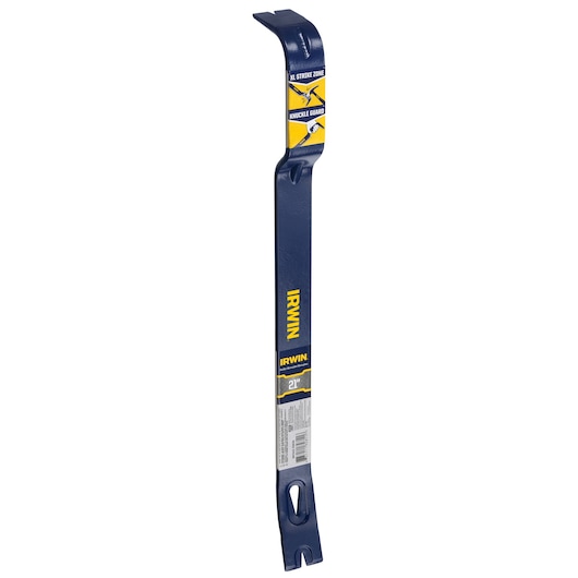 Photo of IRWIN IWHT55210 blue steel pry bar, 21 inch, with yellow branding, shown at an angled front view on white.