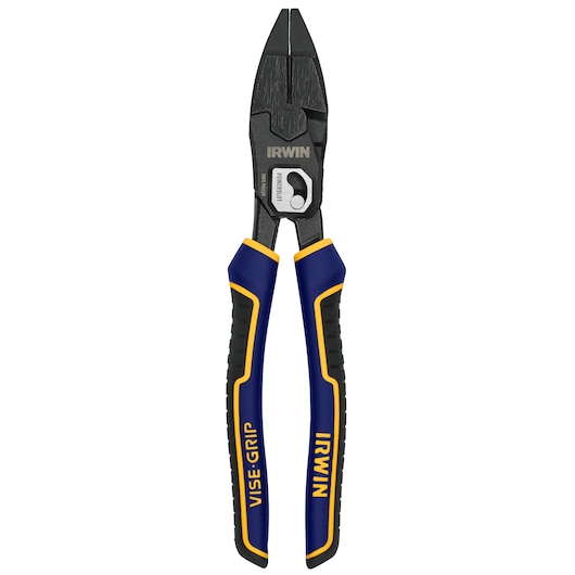 Photo of IRWIN IWHT84000 VISE-GRIP combination pliers with blue and yellow handles, front view on white background.
