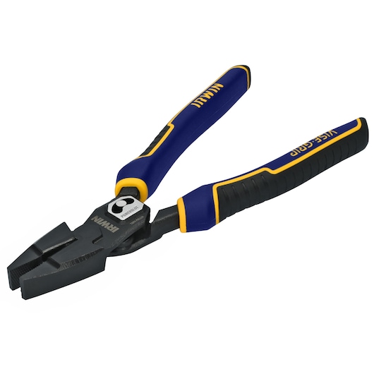 Photo of IRWIN IWHT84000 linesman pliers, blue and yellow ergonomic handles, angled on white background.