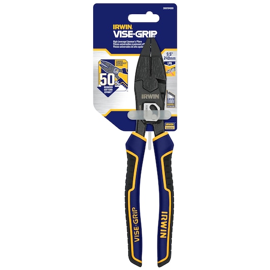 IRWIN VISE-GRIP high leverage lineman’s pliers 9.5 inch black and blue, front angle with packaging IWHT84000.