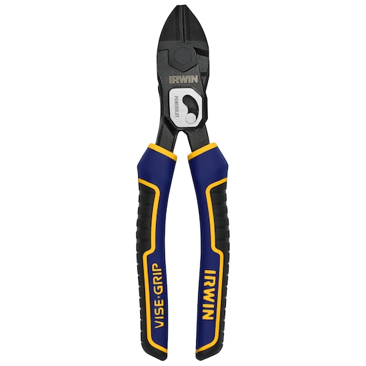 Front view photo of IRWIN IWHT84001 diagonal cutting pliers with blue and yellow VISE-GRIP handles on white background.
