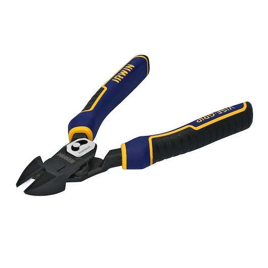IRWIN IWHT84001 diagonal cutting pliers with blue and yellow rubber grip handles, angled view on white background.