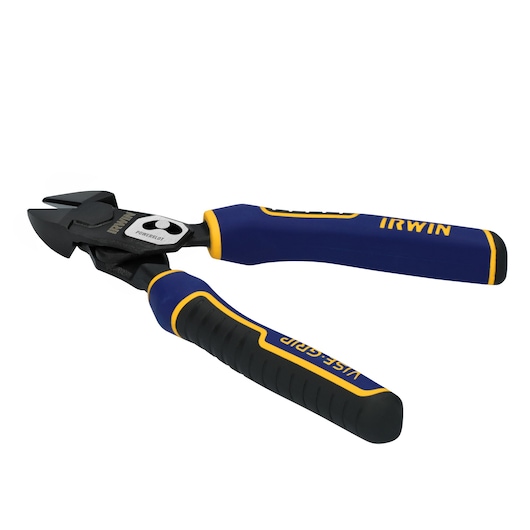 Photo of IRWIN IWHT84001 diagonal cutting pliers with blue and yellow ergonomic handles, angled on white background.