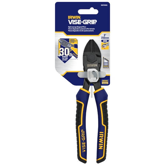 IRWIN IWHT84001 high leverage diagonal pliers, VISE-GRIP, blue and yellow handles, front packaging photo.