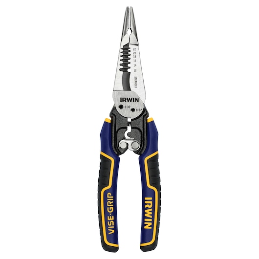 IRWIN VISE-GRIP multi-tool pliers with wire stripper, blue and yellow handles, front angle, IWHT84002.
